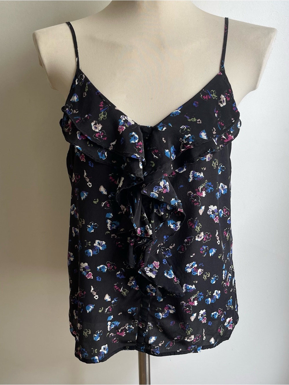 Vintage Y2K Forever 21 Silk Ruffle Top Camisole Tank Floral Black Zipper Small